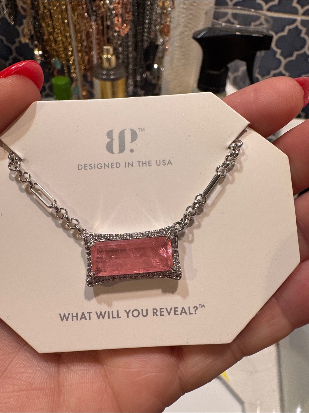 bp Silver-Tone Necklace with Pink Rectangular Gemstone